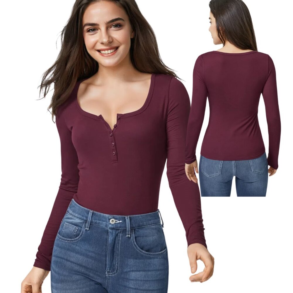 HALARA Long Sleeve Henley T Shirt Burgundy Large NWOT‎